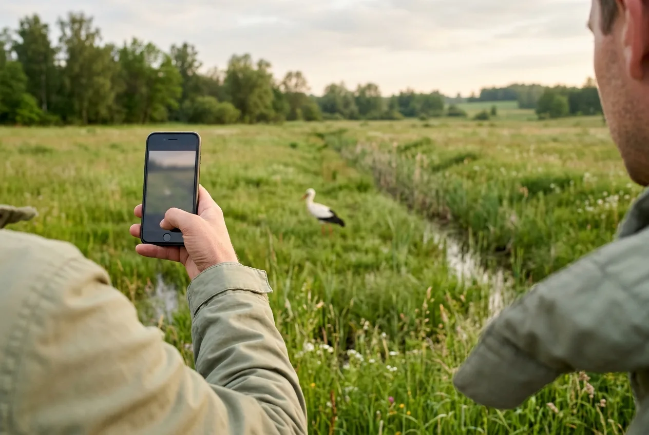 Een hand houdt een telefoon omhoog om op veilige afstand een ooievaar in een vochtige weide vast te leggen.