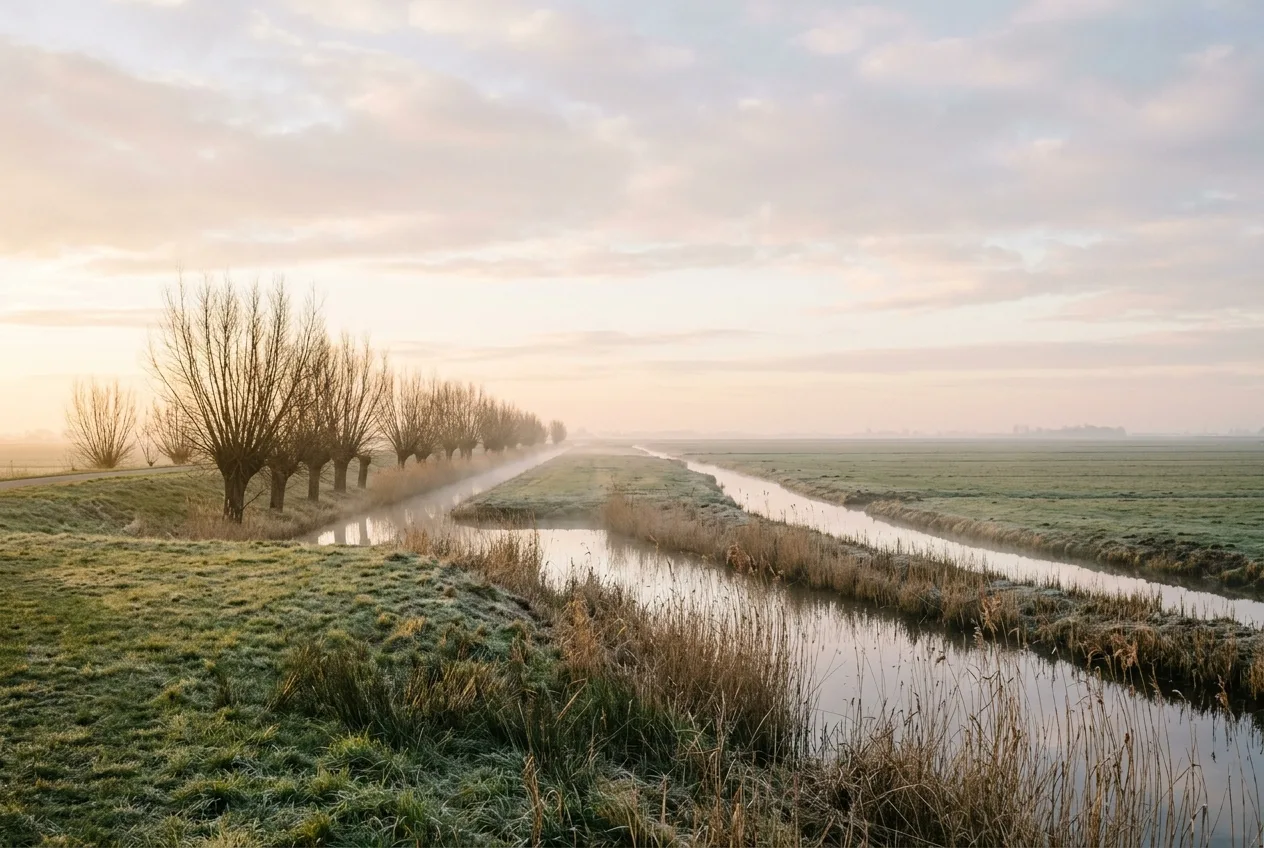 Een wijds, vlak Nederlands polderlandschap met sloten en knotwilgen in het vroege ochtendlicht.