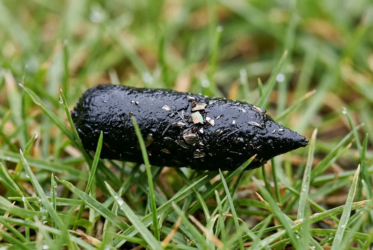 Een gitzwarte egelkeutel die aan één kant spits toeloopt, met glinsterende insectenresten, op een grasveld.