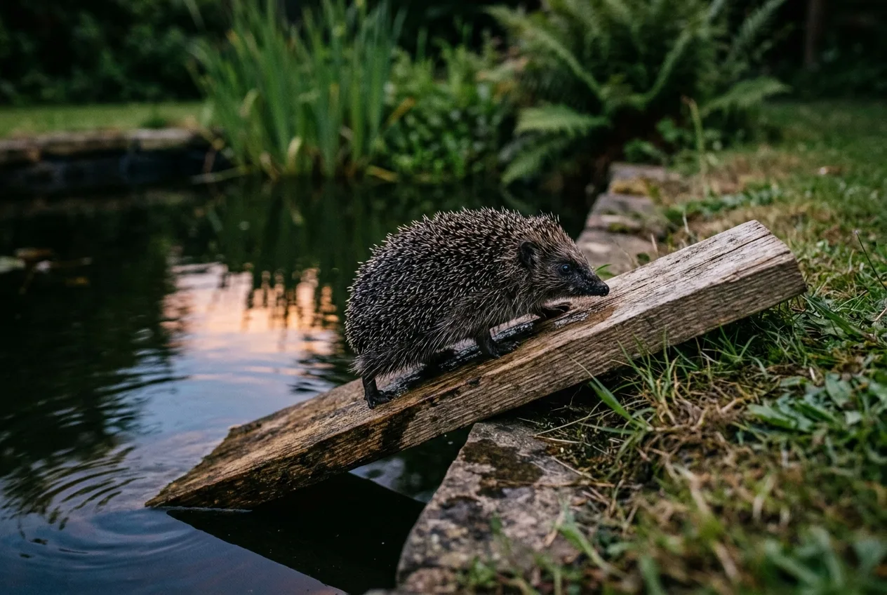 Een ruw loopplankje tegen de rand van een tuinvijver, zodat een egel er weer uit kan klimmen.