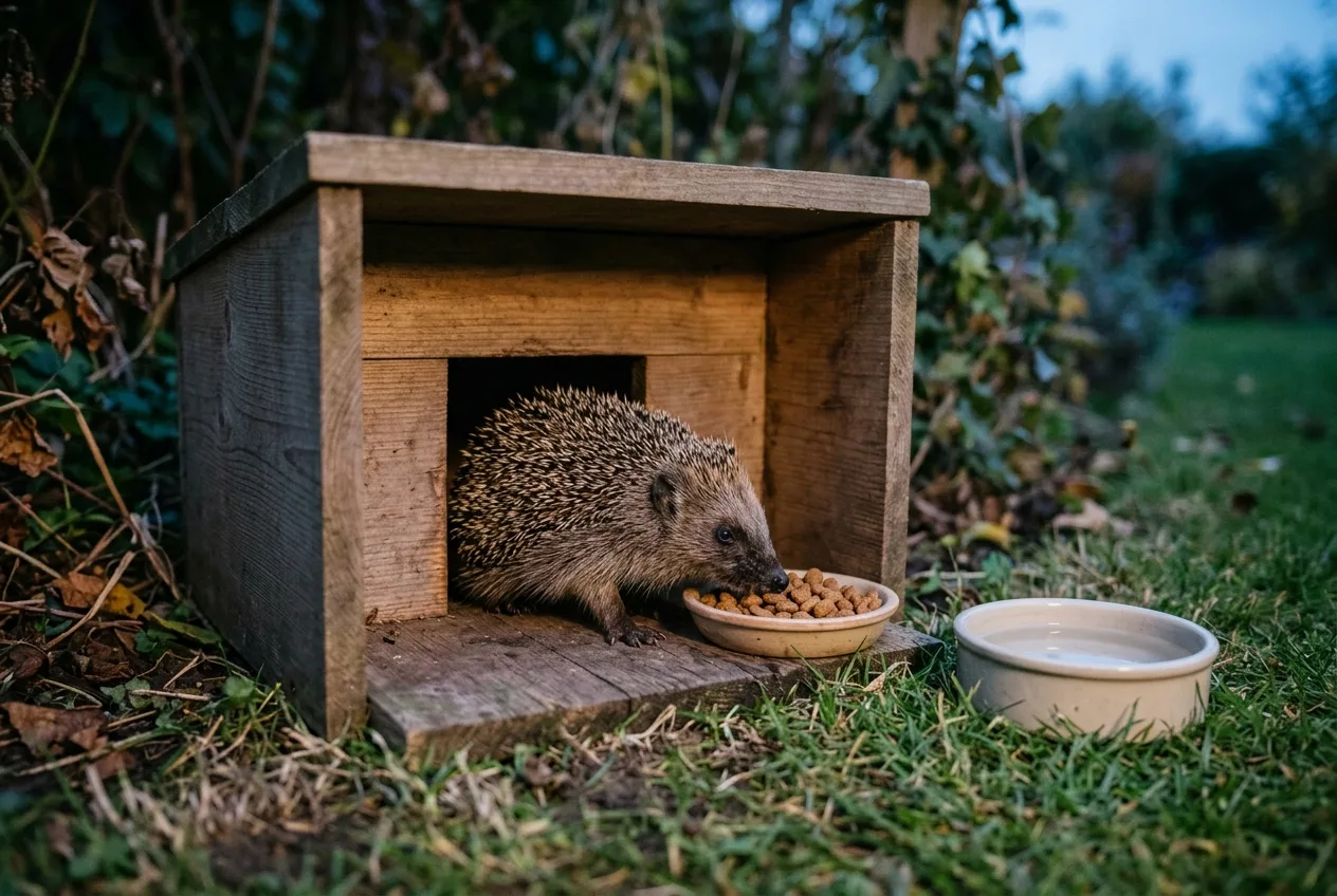 Een egel eet kattenbrokjes bij een katvrij voederstation met een schaaltje water in de tuin.