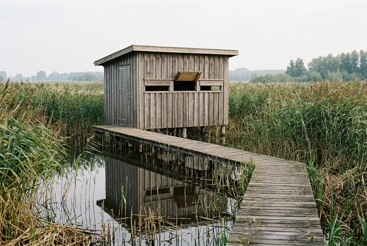 Een houten vogelkijkhut met kijksleuven op palen aan de rand van een rietmoeras, bereikbaar via een knuppelpad.