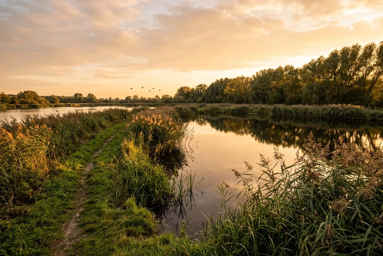 Een rietmoeras in een Nederlands natuurgebied gloeit warm op tijdens het gouden uur, met een pad langs de waterkant.