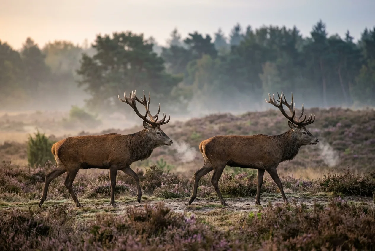 Twee edelherten lopen dreigend parallel over de Veluwse heide en meten elkaars postuur voor een mogelijk gevecht