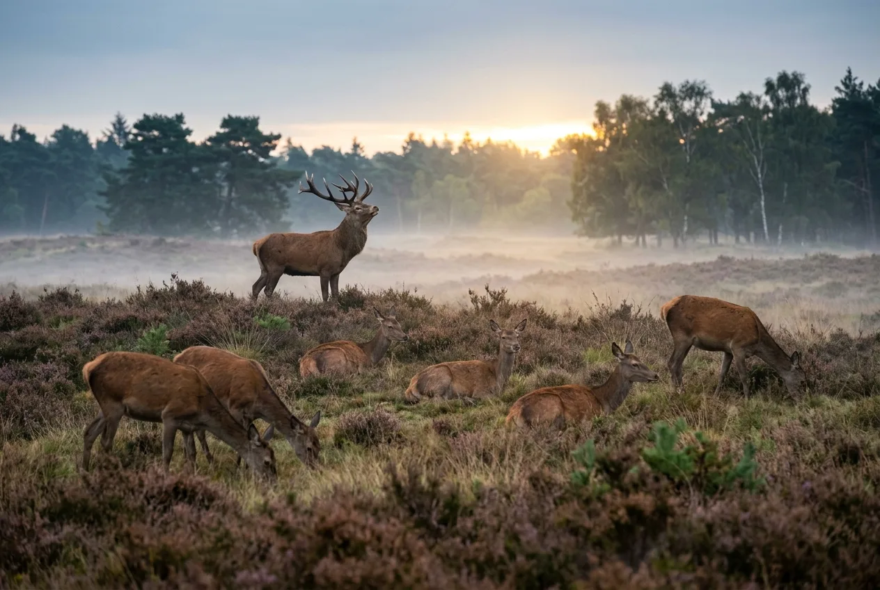 Een plaatshert houdt de wacht over zijn roedel hindes op de open, mistige Veluwse heide bij zonsopkomst