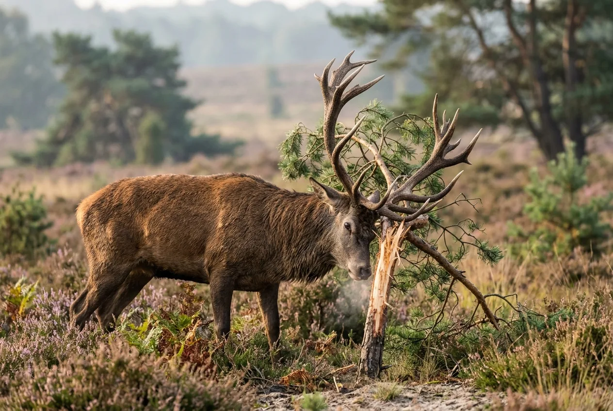 Een edelhert veegt en schuurt zijn gewei tegen een jonge grove den aan de rand van de Veluwse heide