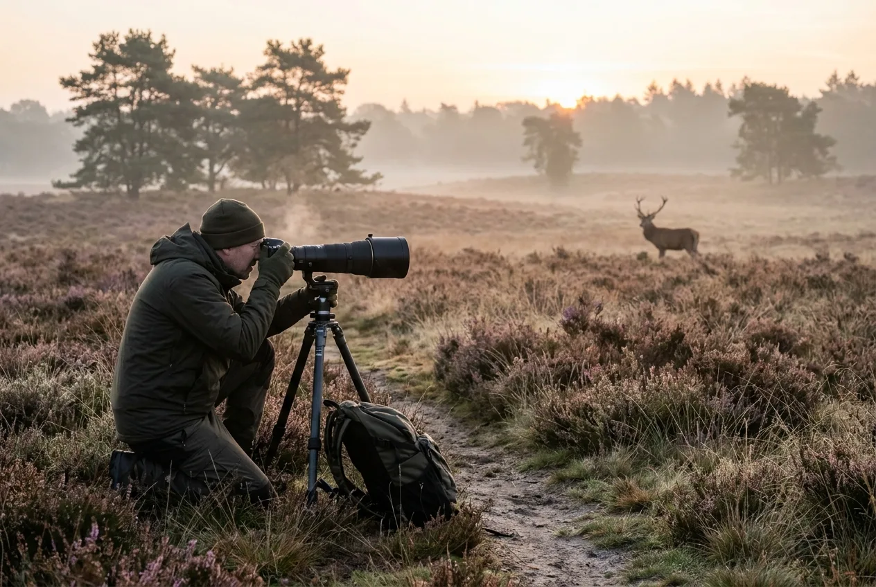 Een natuurfotograaf met telelens op statief houdt bij zonsopkomst ruime afstand tot een edelhert op de Veluwse heide