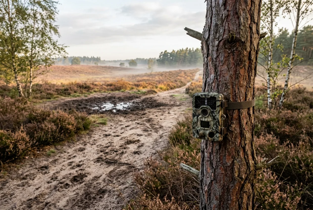 Een wildcamera aan een grove den gericht op een zandpad en zoelkuil op de Veluwse heide