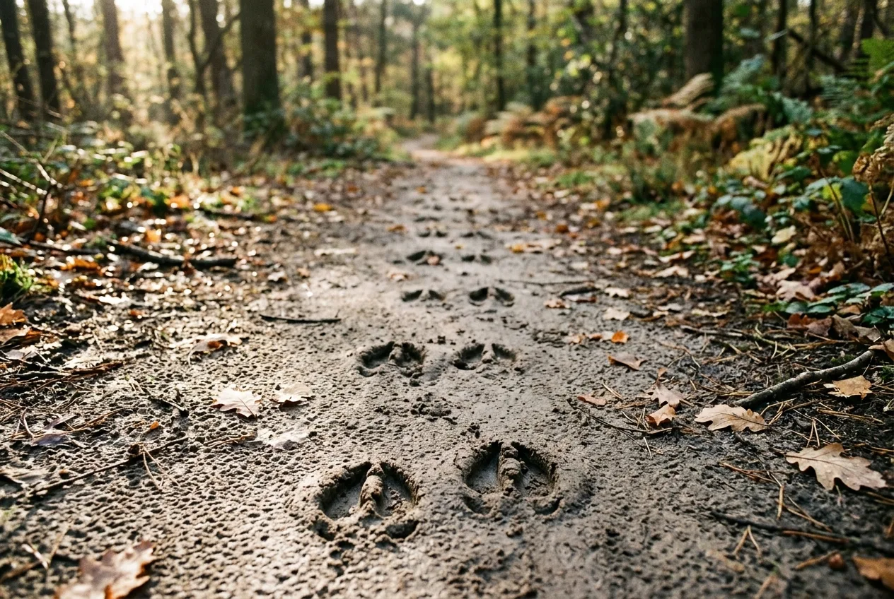 Een reeks reeënsporen in een regelmatige zigzaglijn over een zanderig bospad na de regen