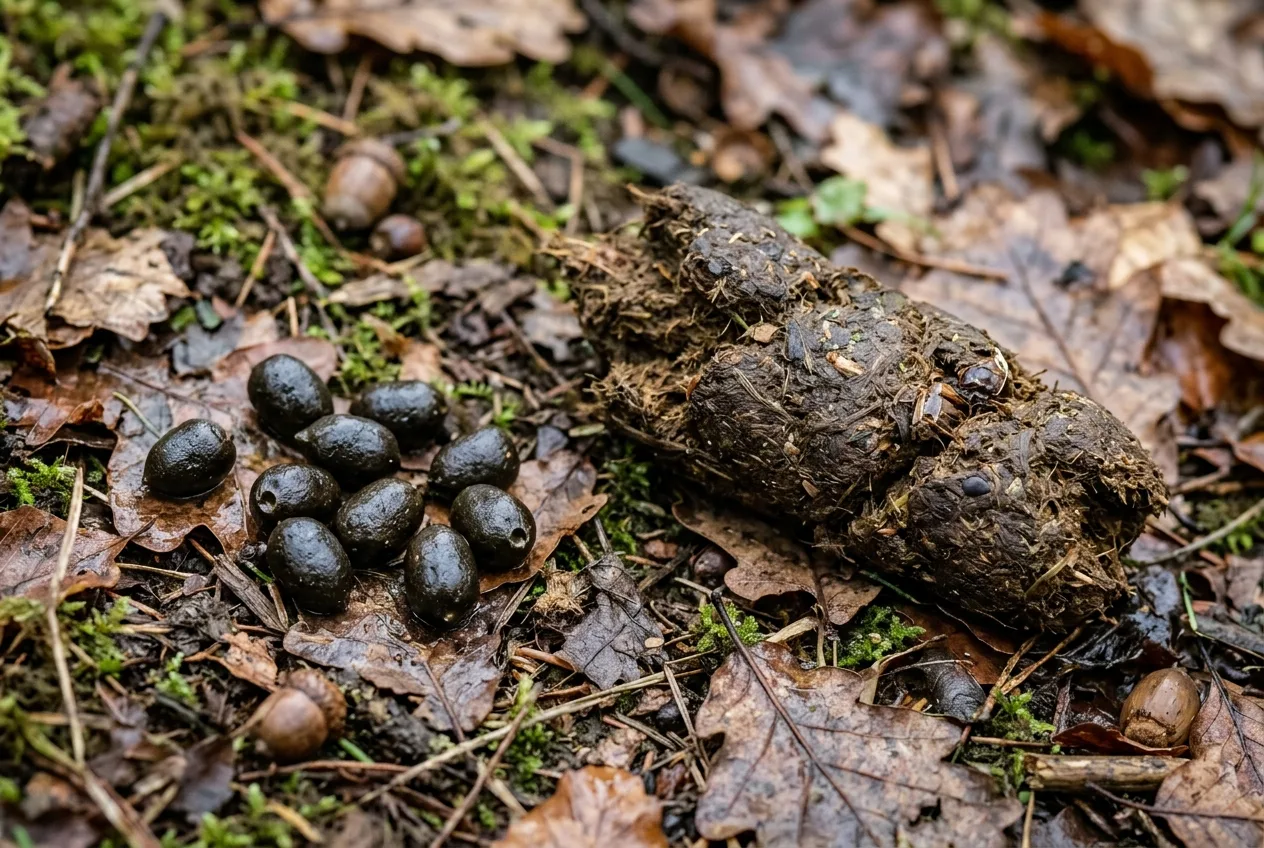 Een handvol ovale hertenkeutels naast een grotere, geklonterde hoop zwijnenkeutels met zichtbare plantenresten op de bosbodem