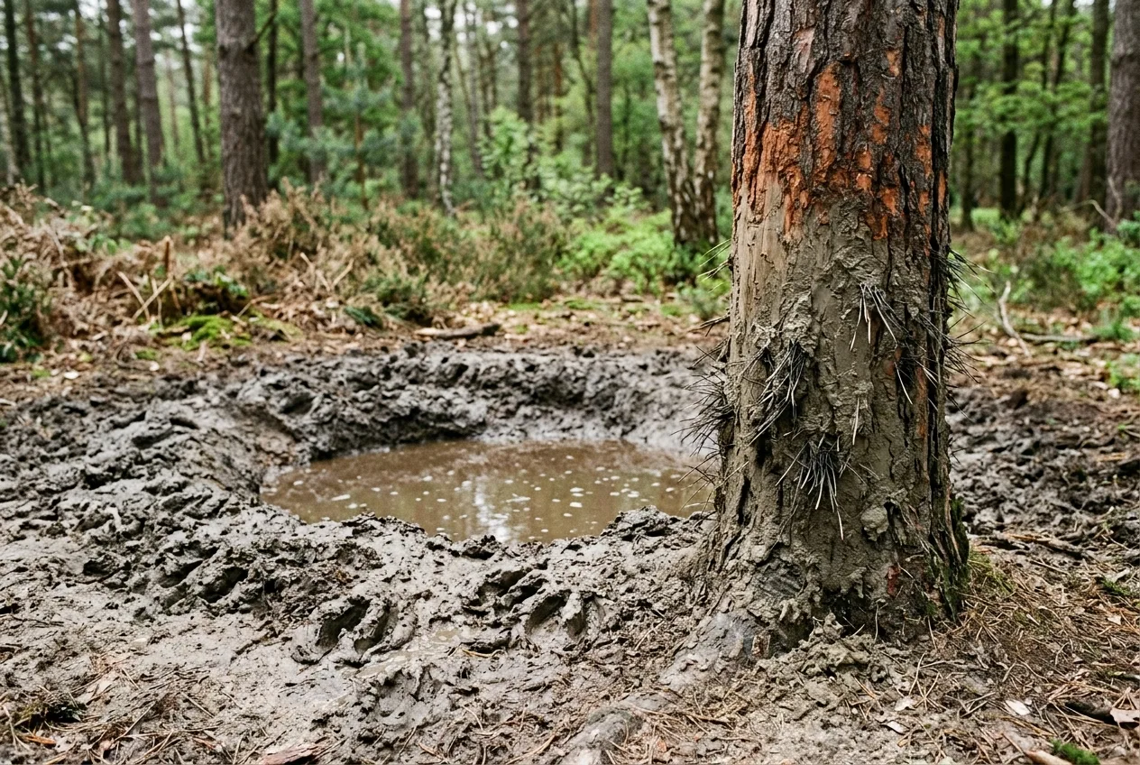Een modderige zoelplek van een wild zwijn naast een boomstam waarvan de schors tot op varkenshoogte glad is gewreven, met borstelharen in de opgedroogde modder