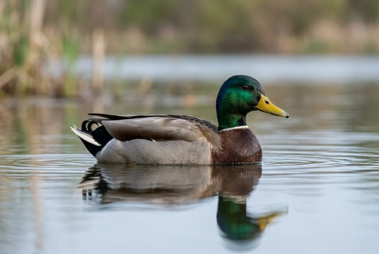 Een mannetjes wilde eend drijft op kalm water, de glanzend groene kop duidelijk zichtbaar