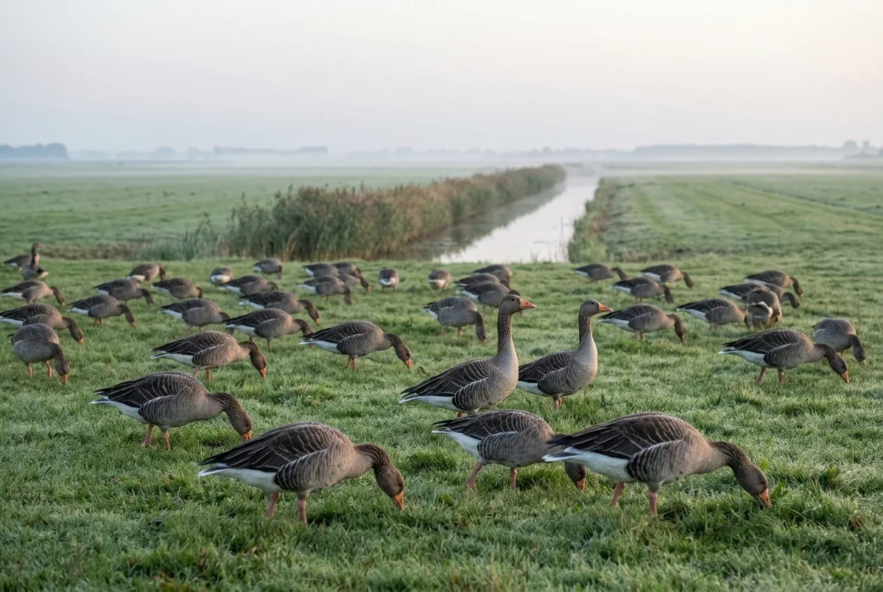 Een groep grauwe ganzen foerageert rustig op een vlak Nederlands polderweiland bij zonsopgang