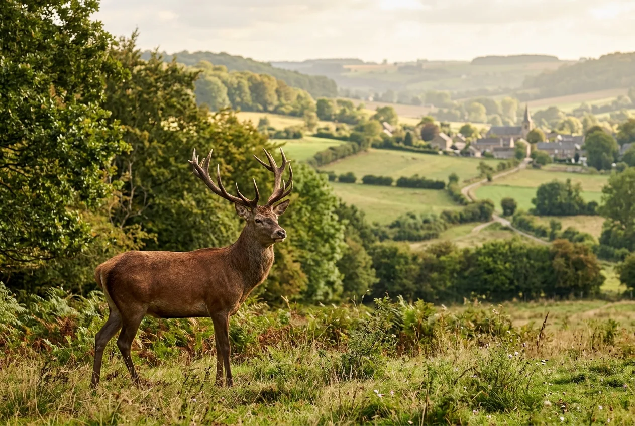 Een edelhertbok staat rustig aan de bosrand in het glooiende heuvelland van Zuid-Limburg