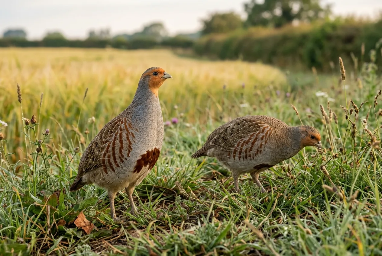 Een koppel patrijzen met de kenmerkende hoefijzervlek op de buik foerageert langs een bloemrijke akkerrand.