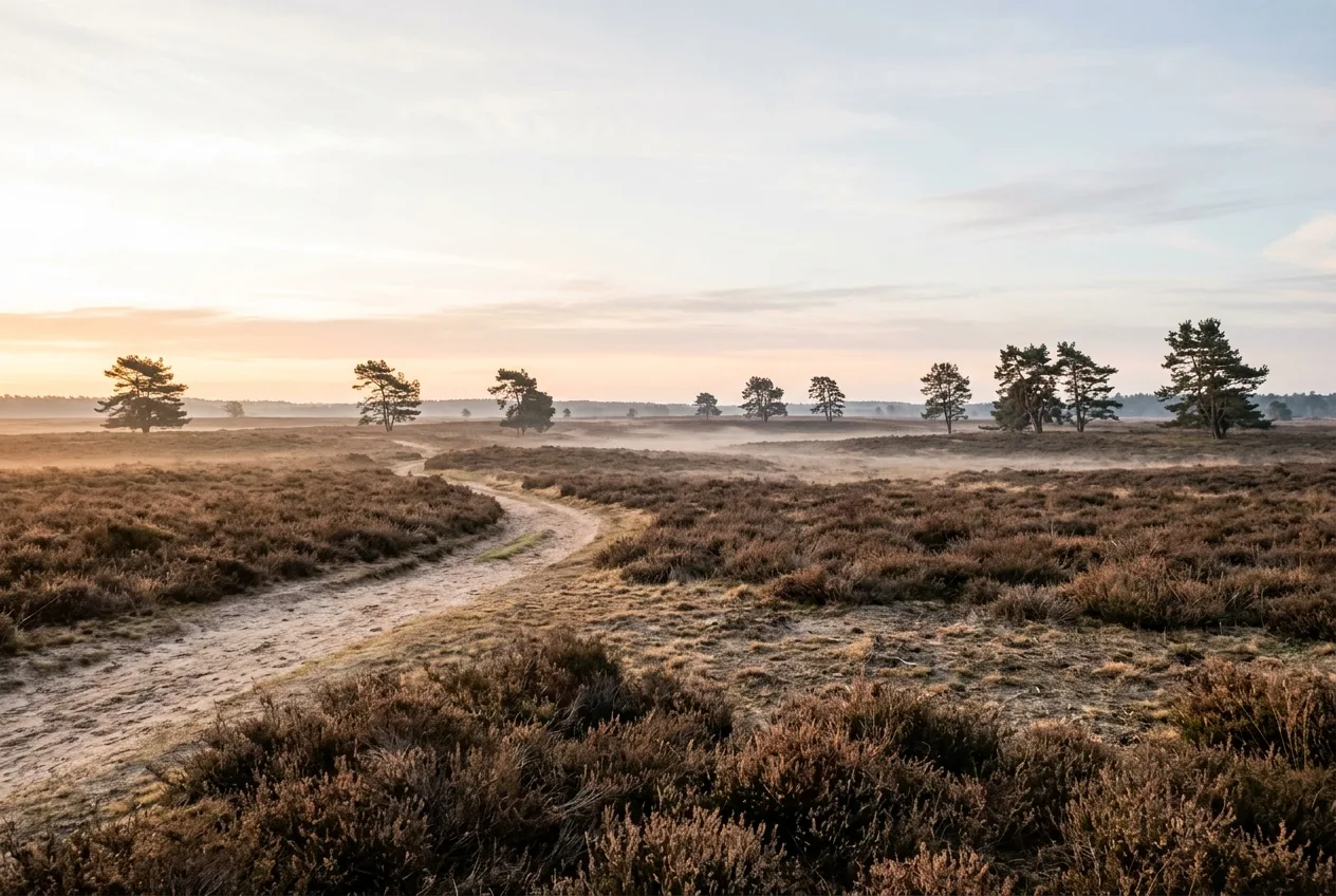 Een wijds, open heidelandschap zoals de Sallandse Heuvelrug, met verspreide grove dennen aan de horizon.