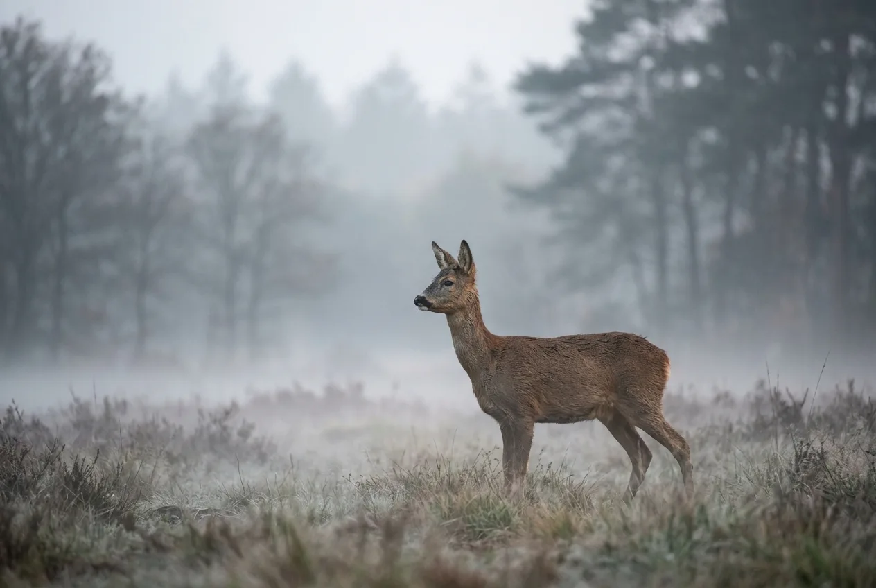 Een ree staat in een lage ochtendnevel bij zonsopgang, in zacht, diffuus licht