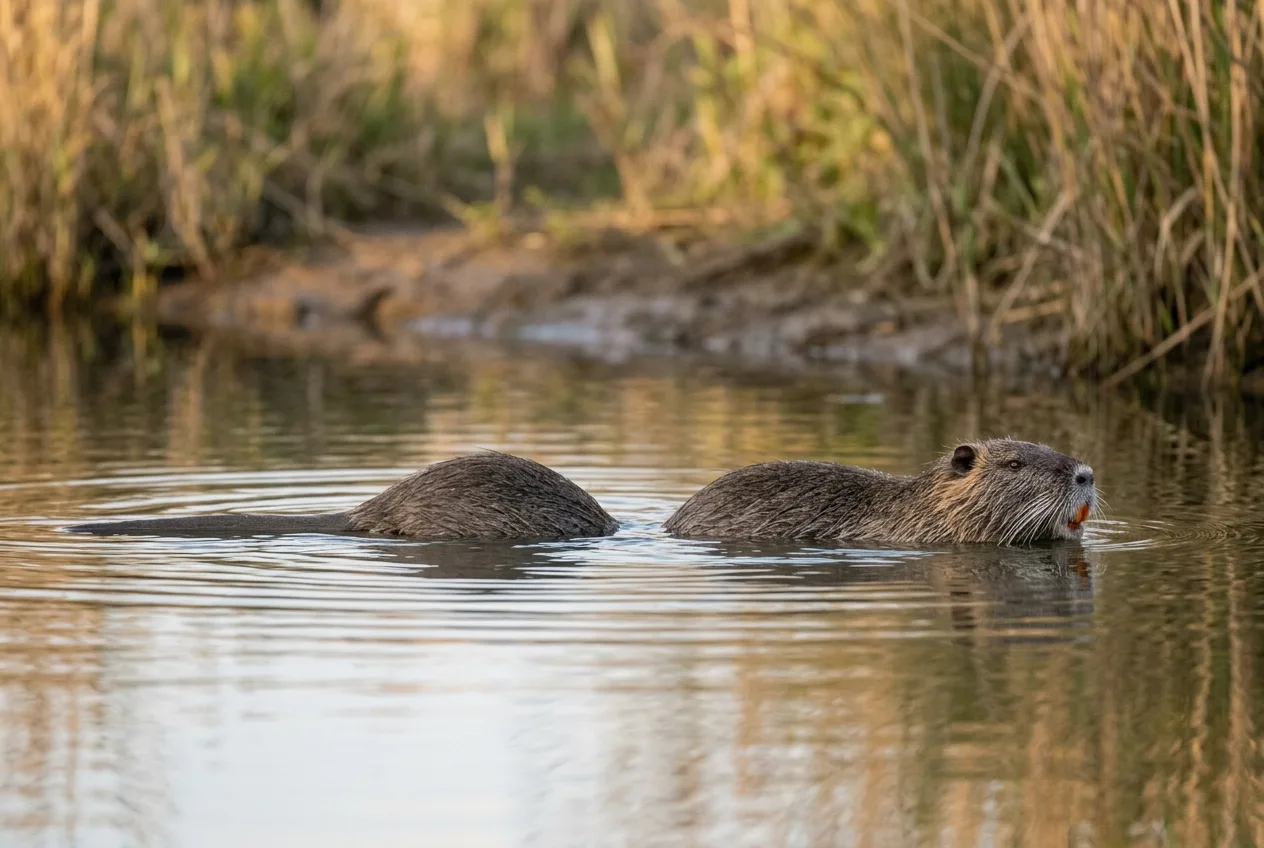 Een beverrat zwemt met twee bulten boven water en een stilhangende, ronde staart