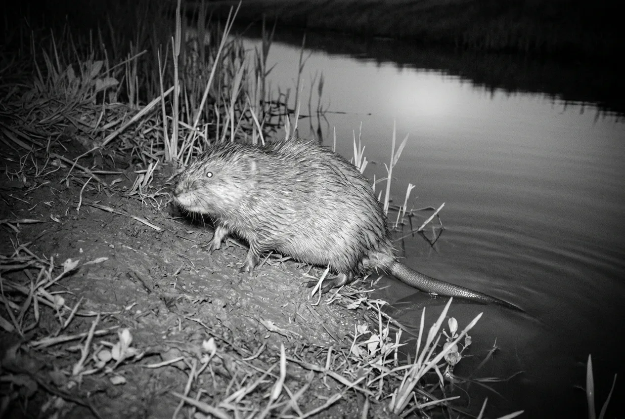 Infraroodbeeld van een wildcamera toont 's nachts een muskusrat die de oever opklimt, de dunne staart nog duidelijk zichtbaar in silhouet