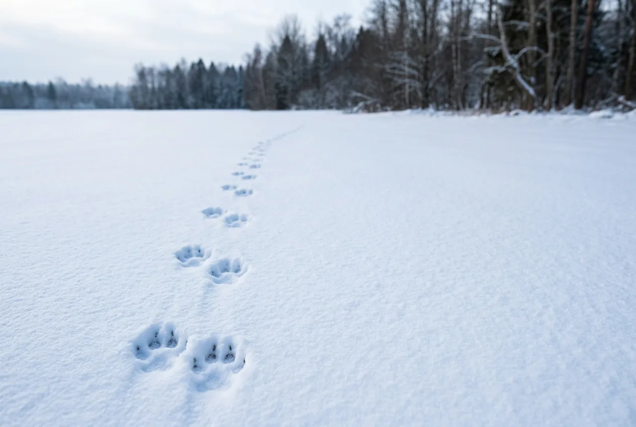 Verse dierensporen die een glad veld van ongerepte sneeuw doorkruisen