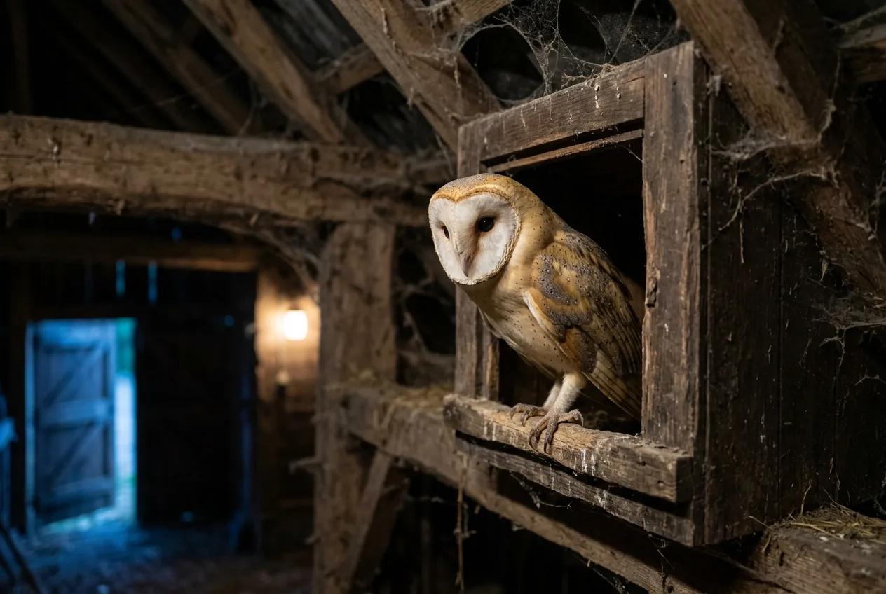 Een kerkuil kijkt 's nachts naar buiten vanuit de opening van een nestkast hoog in een oude schuur
