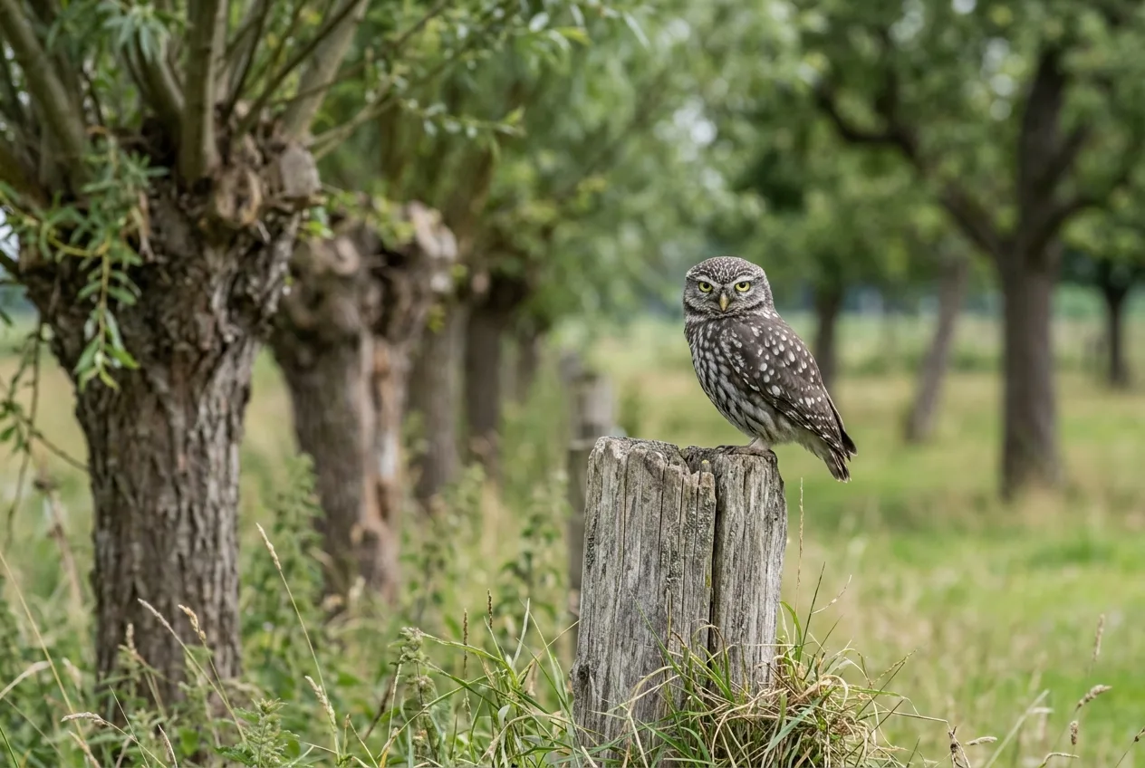 Een steenuil zit overdag op een houten paal aan de rand van een boomgaard met knotwilgen