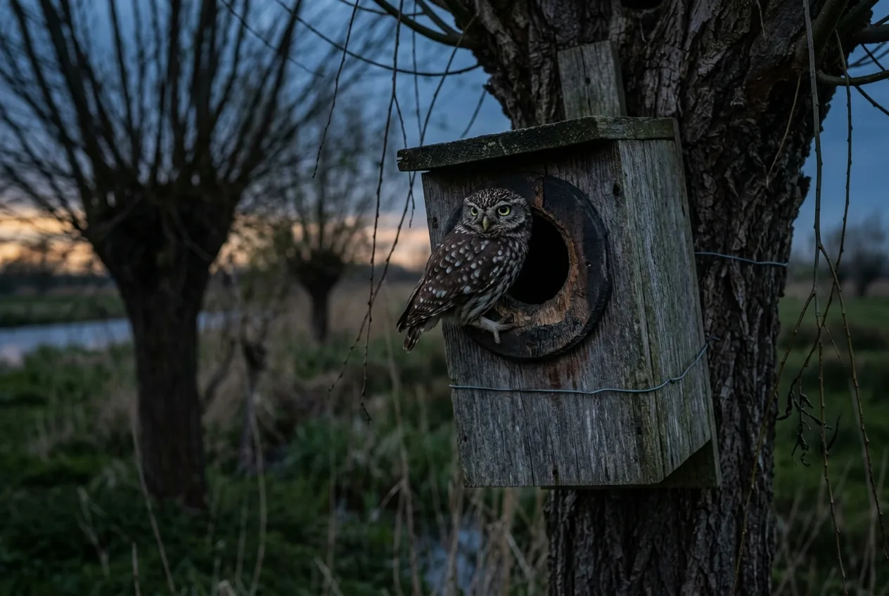 Een steenuil kijkt uit de invliegopening van een marterwerende nestkast in een knotwilg