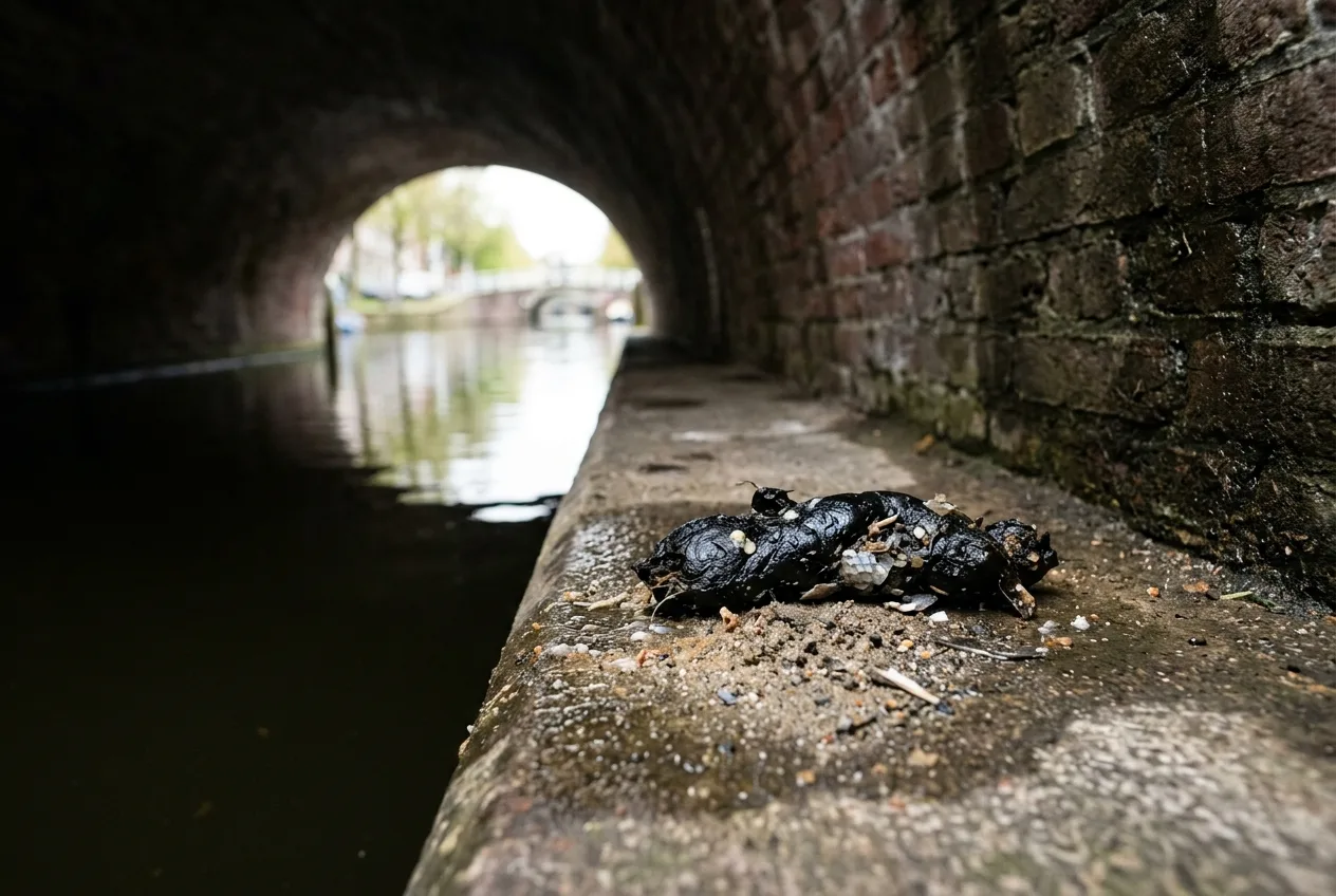 Een verse zwarte otterspraint met visschubben op een betonnen richel onder een brug, net boven de waterlijn