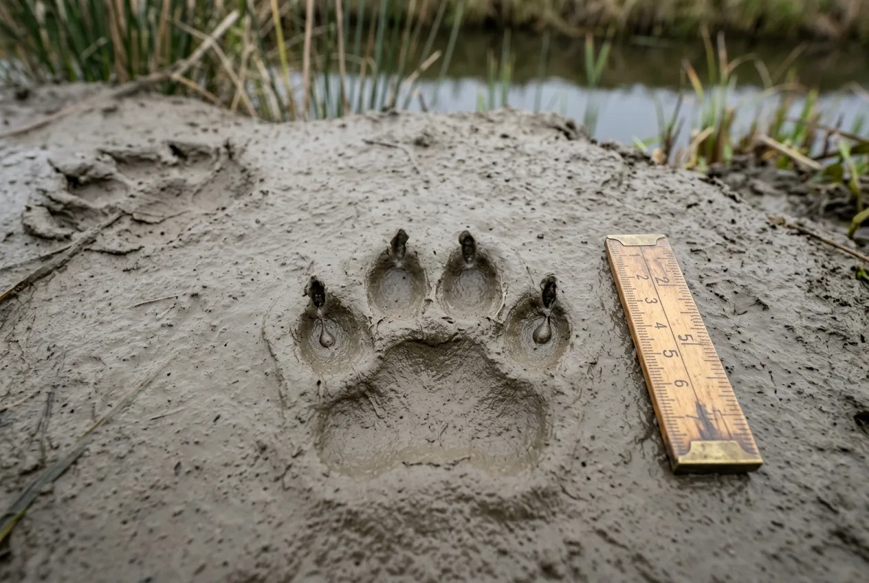 Een otterprent met vijf tenen en een vaag zichtbaar zwemvlies in zachte modder aan de waterkant