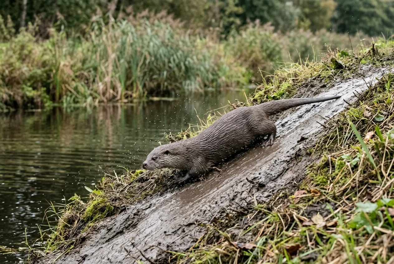 Een otter glijdt op zijn buik over een gladde modderige glijbaan een steile oever af het water in