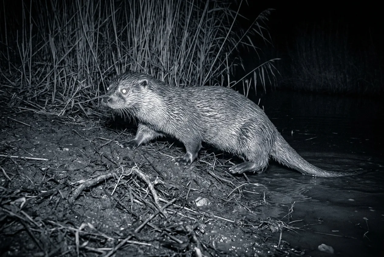Infraroodbeeld van een wildcamera toont 's nachts een otter die de oever op klimt bij het water