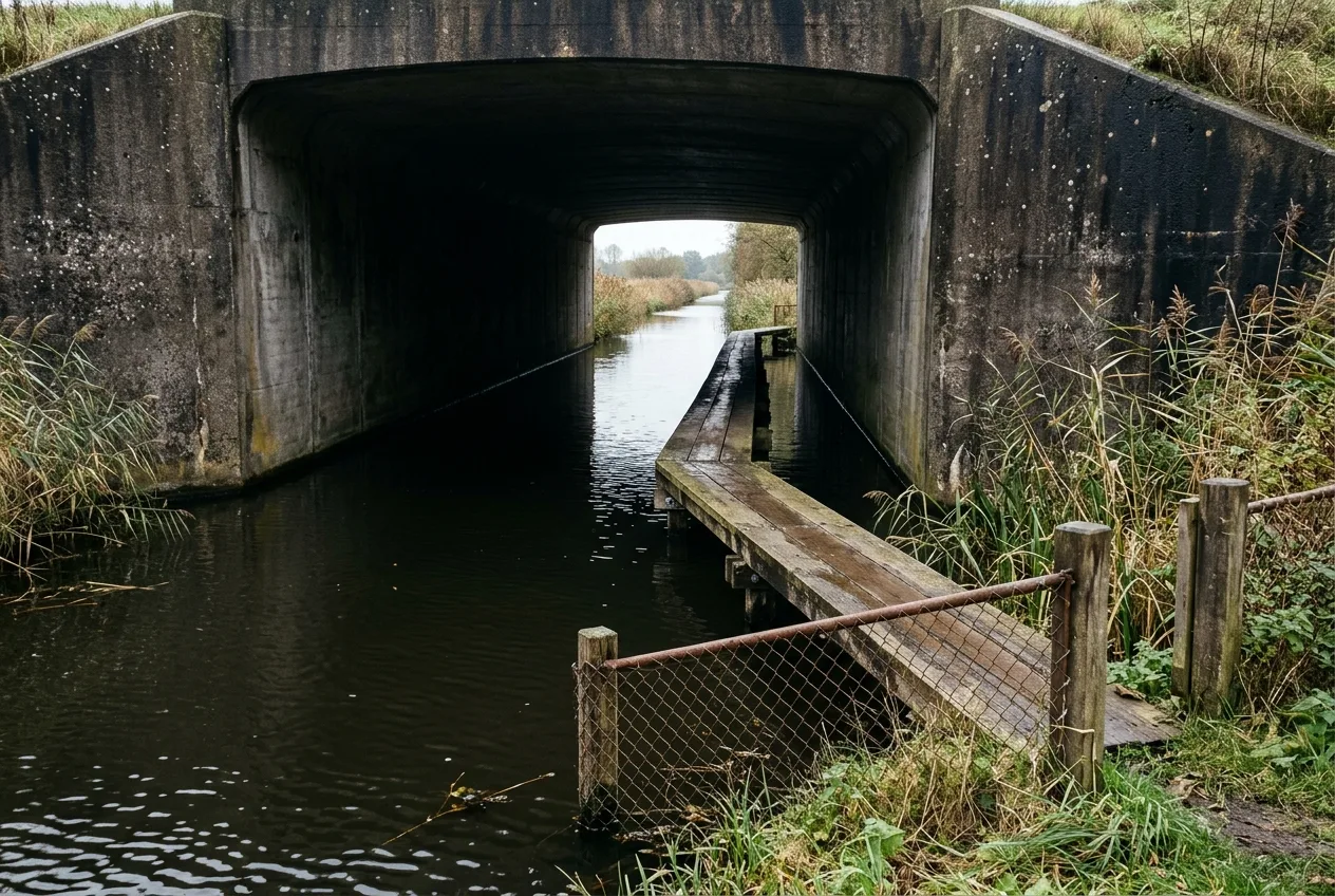 Een houten looprichel onder een wegbrug net boven de waterlijn, met een geleidend raster op de oever