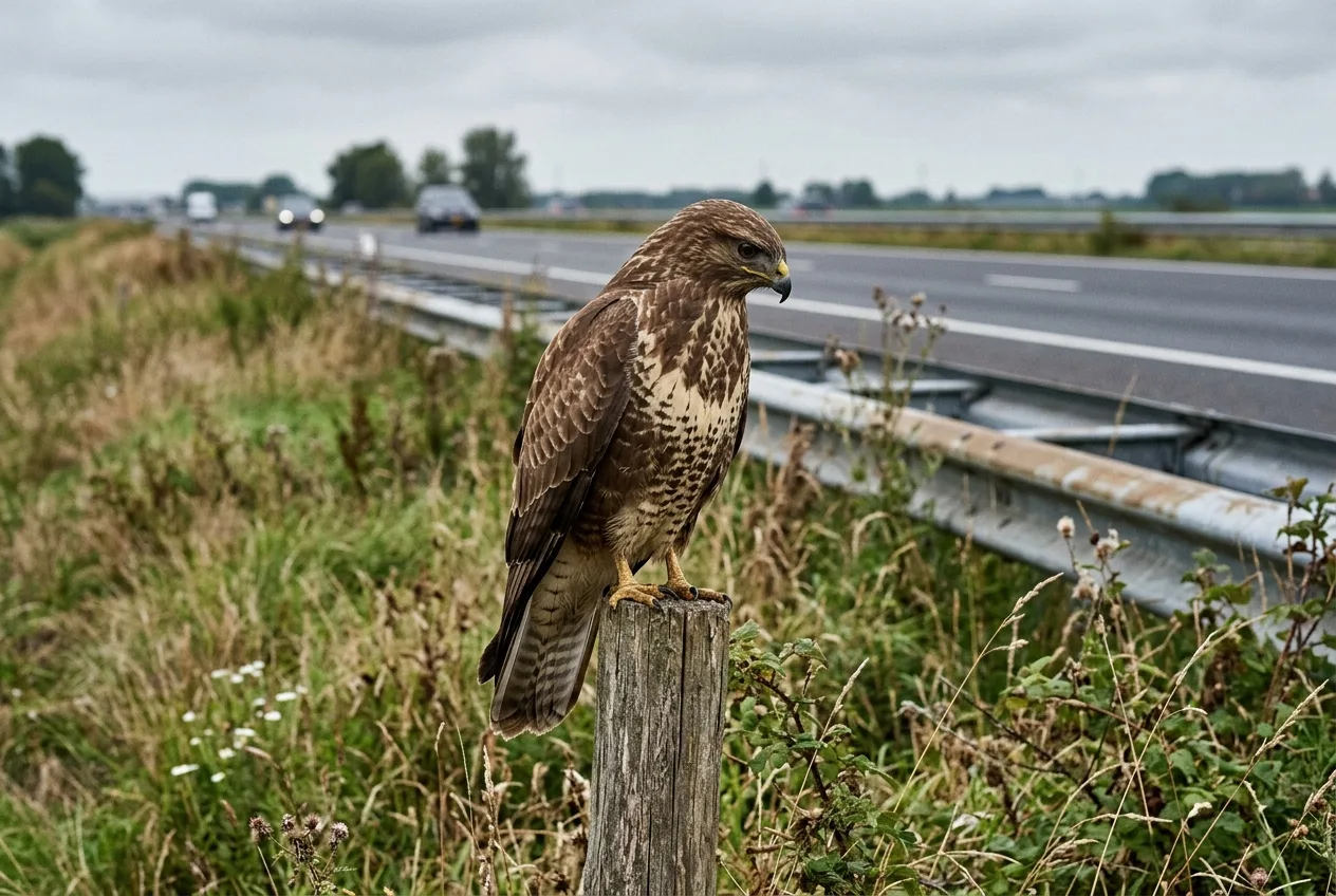 Een buizerd zit op een paaltje langs de vangrail van een snelweg, met de bleke, U-vormige band over de borst duidelijk zichtbaar