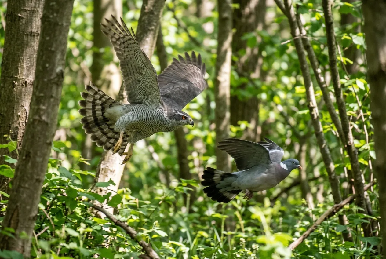 Een havik jaagt in een snelle, lage vlucht tussen de bomen op een houtduif, met brede vleugels en een afgeronde staartpunt