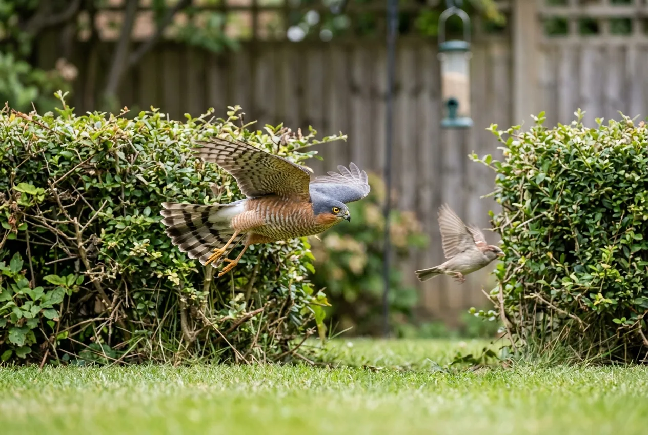 Een sperwer schiet laag door een tuin achter een huismus aan, met lange dunne poten en een rechte staartpunt
