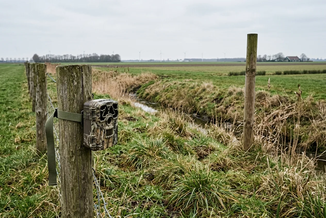 Een wildcamera is aan een paal bevestigd en horizontaal gericht op een naburige, hogere afrasteringspaal langs een grazige slootkant