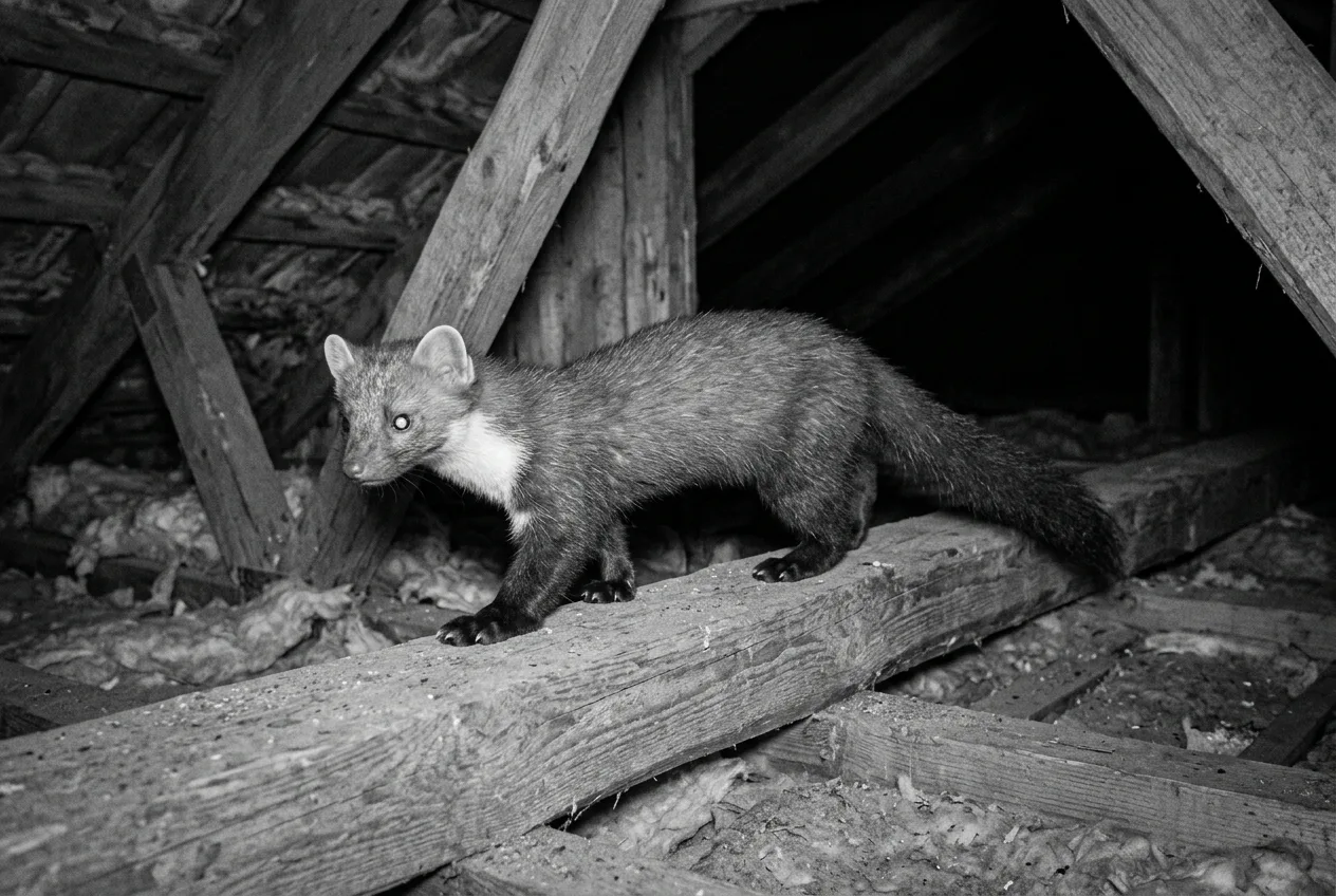 Infraroodbeeld van een wildcamera toont 's nachts een marter op een zolderbalk; de keelvlek is slechts als vage lichte vorm zichtbaar