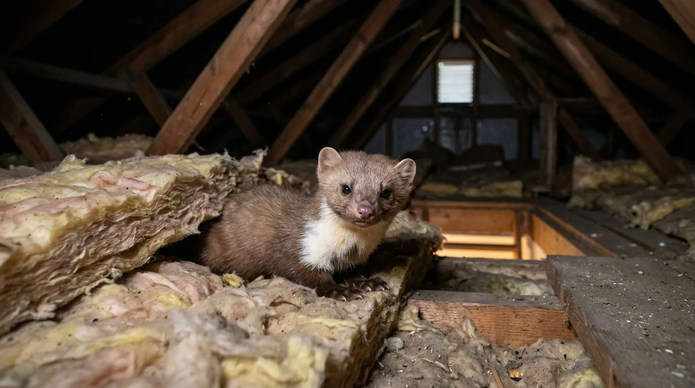 Een steenmarter met een witte, gevorkte bef gluurt 's nachts tussen isolatiewol op een donkere zolder