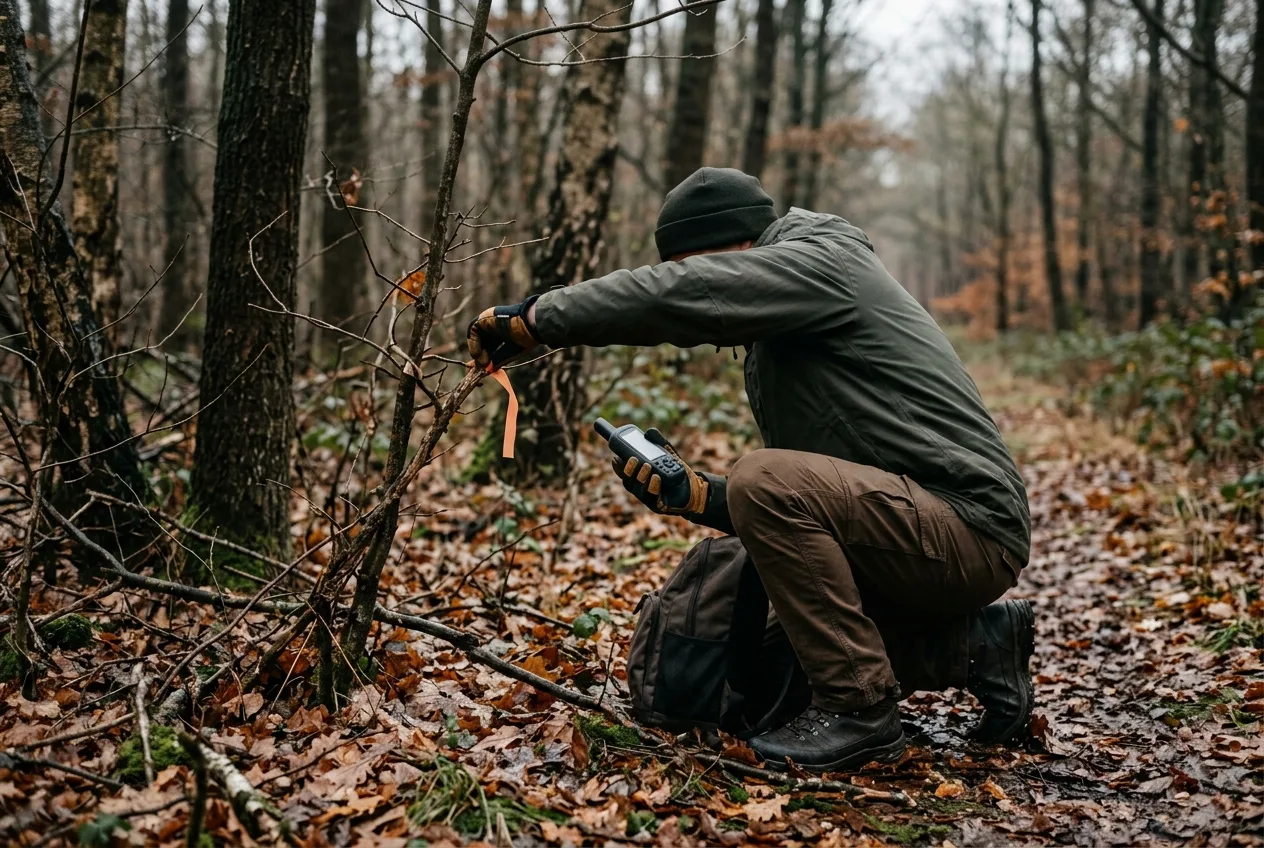 Een persoon markeert op afstand en met handschoenen de locatie van een vondst in een vochtig bos