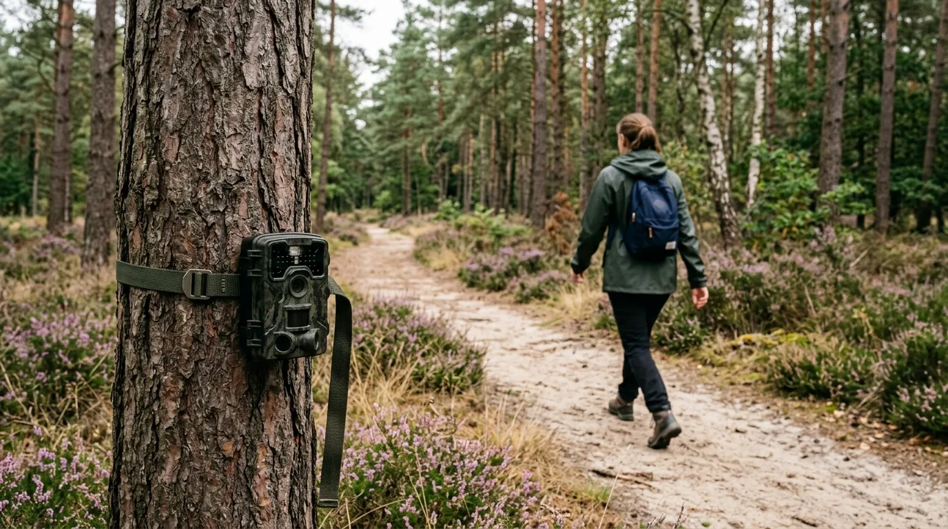 Een wildcamera aan een boom filmt een wandelaar die over een bospad op de Veluwe loopt, het gezicht niet herkenbaar
