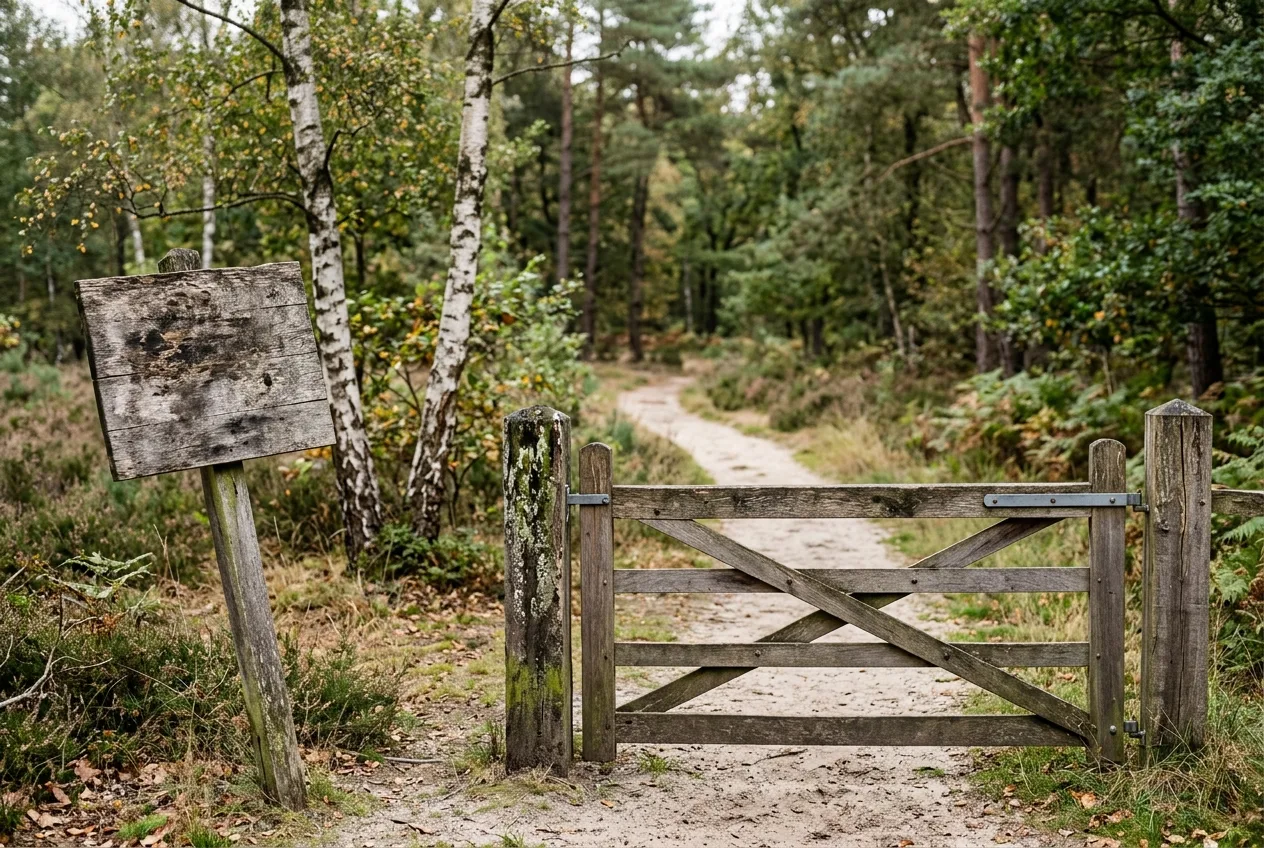 Een gesloten hek en een leeg informatiebord bij de ingang van een natuurgebied op de Veluwe