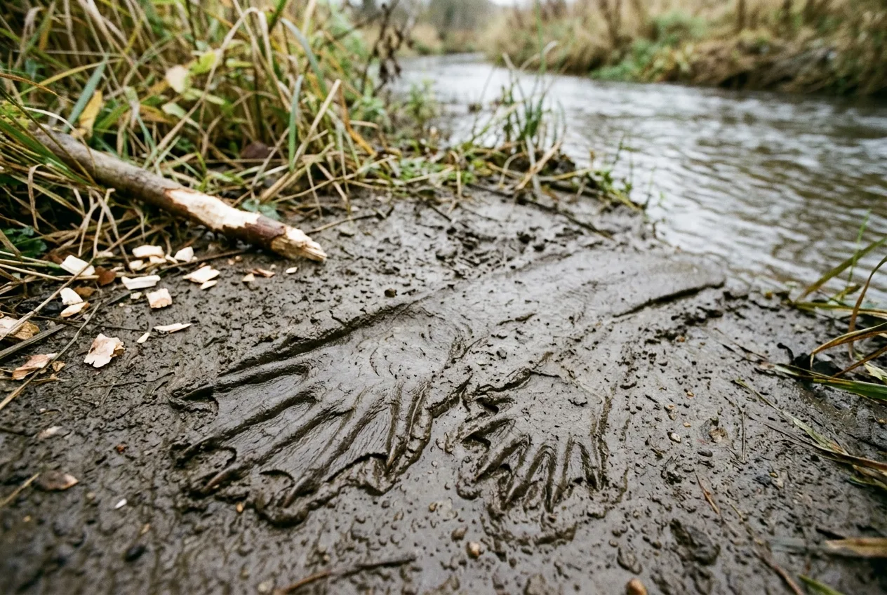 Wyraźne tropy bobra w wilgotnym mule nad brzegiem, z odciskiem błony pławnej między palcami tylnej łapy