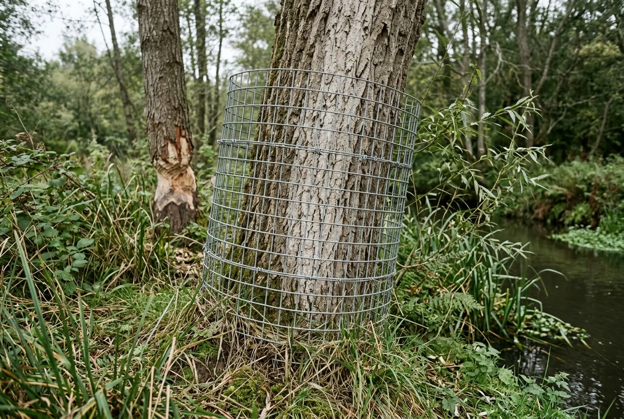 Pień drzewa nad brzegiem cieku owinięty cylindrem z grubej metalowej siatki jako zabezpieczenie przed ogryzieniem przez bobra