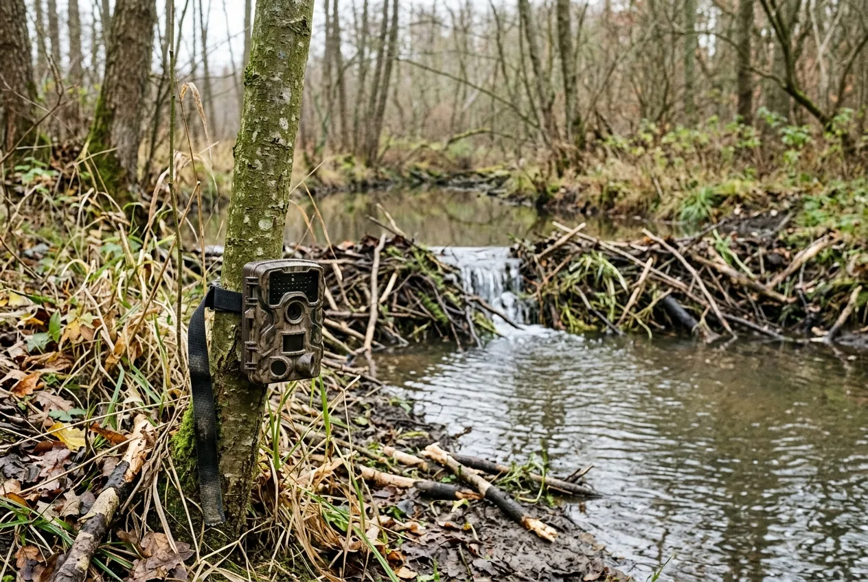 Fotopułapka przymocowana do pnia drzewa i skierowana na bobrową tamę nad cichym ciekiem