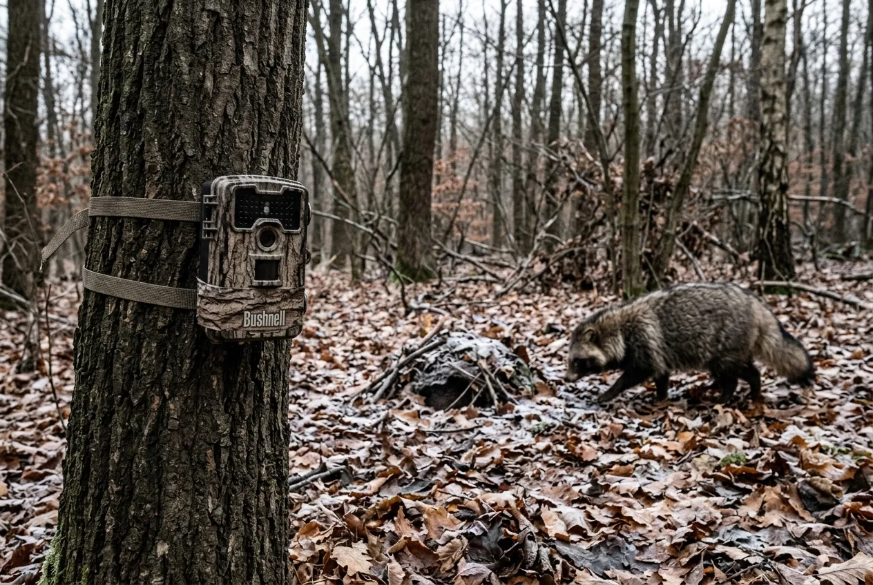 Fotopułapka rejestrująca jenota zbliżającego się do niewyraźnego kopca w ściółce, ujęcie bez drastycznych szczegółów