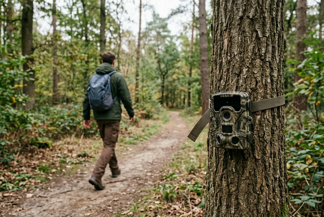 Fotopułapka na drzewie rejestrująca przechodnia idącego leśną ścieżką, twarz niewidoczna
