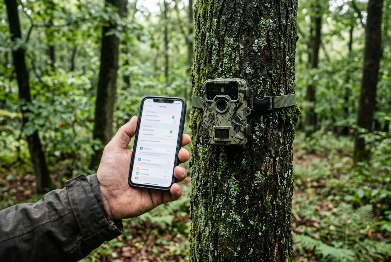 Dłoń trzymająca smartfon z rozmytym menu ustawień aplikacji fotopułapki obok zamontowanej kamery