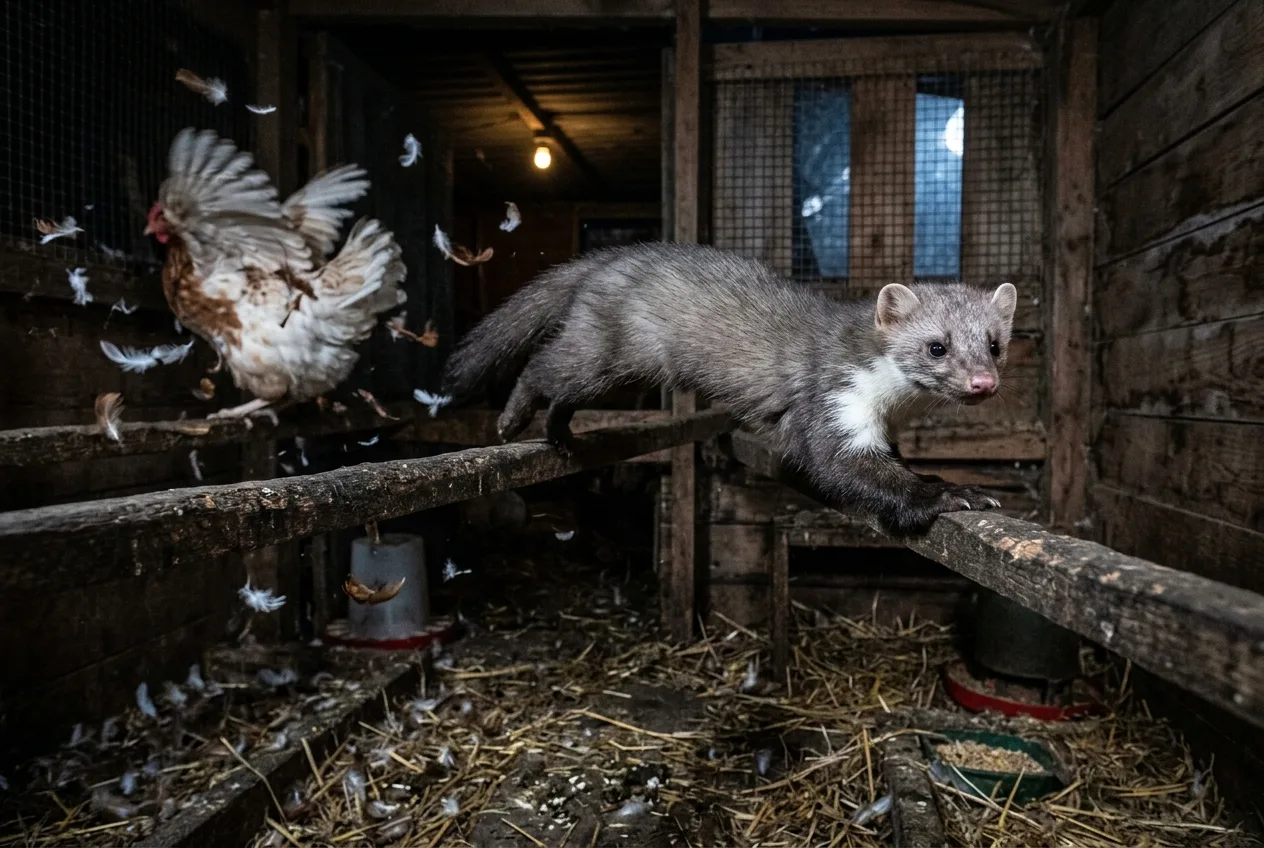 Kuna domowa wewnątrz kurnika nocą płoszy kurę z grzędy, a wokół unoszą się luźne pióra