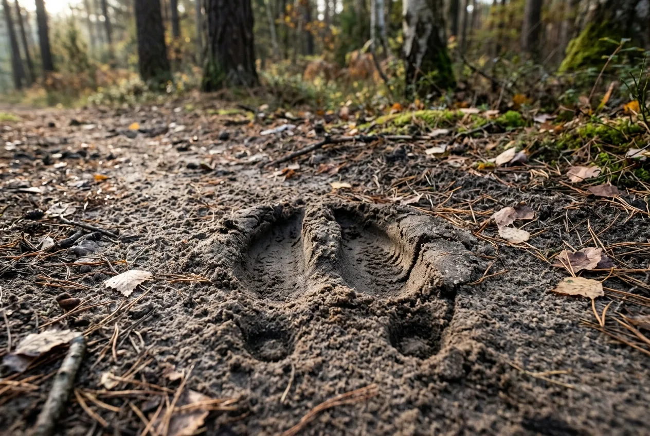 Głęboki trop łosia w wilgotnym piasku, z widocznymi odciskami szpil za racicami