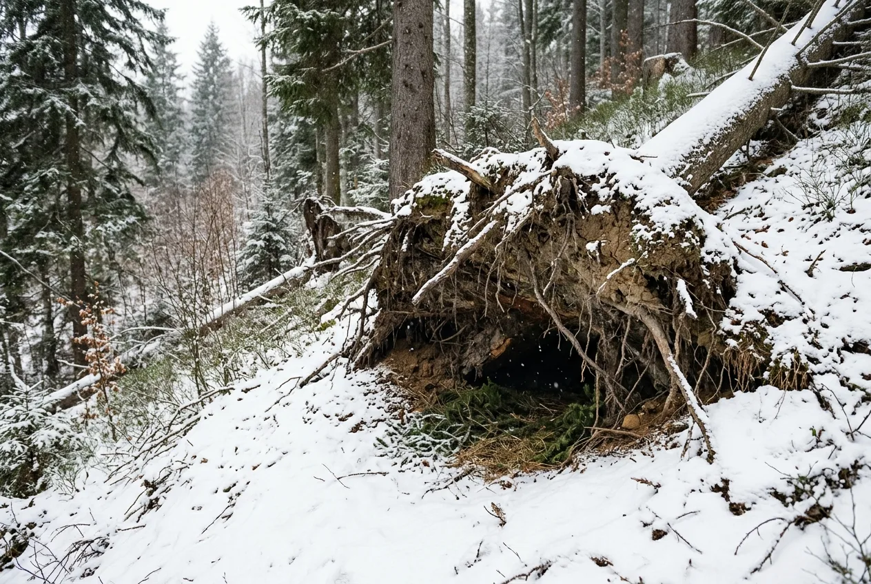 Wejście do zimowej gawry niedźwiedzia pod korzeniami wykrotu na ośnieżonym stoku w karpackim lesie, bez śladów w pobliżu